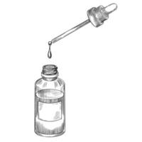 Glass bottle with Dropper illustration. Outline drawing of detailed little vial painted by black inks. Linear engraving of flask for medicine or essential oil. Sketch of product for skincare. vector