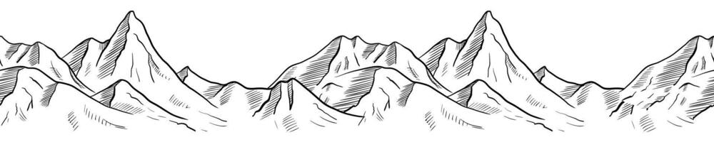 Mountain Range seamless Border. Linear Illustration in Black and White Ink of hills for travel banner. Pattern of rocks painted in line art style. Drawing of relief landscape with peak. vector