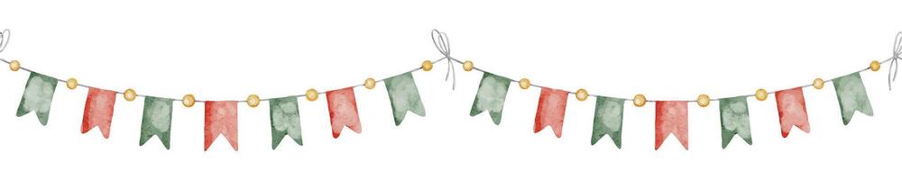 Garland seamless border with red and green flags. Watercolor illustration of frame with Christmas pennant for banners or greeting cards. Drawing of string for New Year invitations or party design. vector
