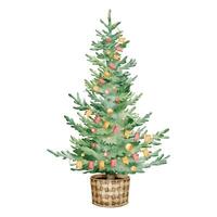 Watercolor Christmas Tree with garlands and lights in a wicker basket. Hand drawn Illustration for Holiday Greeting Cards and New Year Invitations on isolated background. Drawing of evergreen Fir tree vector