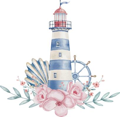 Watercolor Lighthouse floral Illustration with steering wheel, seashell and pink roses. Drawing of Light House in pastel colors for Baby design in Nautical style. Art of Beacon with roses for Cards.