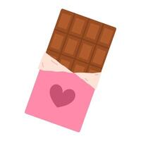 Bar of chocolate in pink torn package with heart. Valentines day concept. Flat isolated illustration vector
