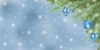 Horizontal background of pine and fir branches with blue toys and snow. Illustration with watercolor and marker. Christmas decoration with evergreens for New Year with cedar. Hand drawn isolated art vector