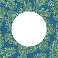 Christmas background with fir or pine branches on a blue background. The illustration is hand-drawn with watercolors and markers. Round frame with place for text. Festive decoration for the New Year vector