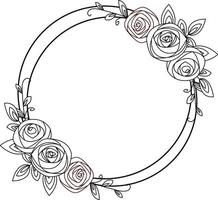 Floral patterned frame with floral elements, twigs and leaves. Hand drawn illustration in line art style for wedding invitations, cards and more. vector