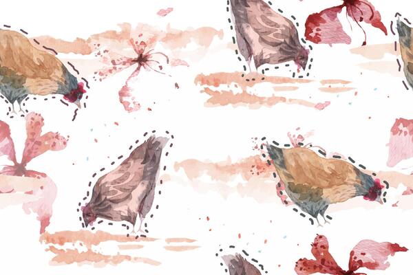 Seamless pattern with chicken cartoon.Illustration in Watercolor.Cute cartoon farm animal background.Suitable for designing fabric patterns, wallpaper.Brown tones.