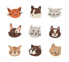 Different cats heads with different emotions flat illustrations set isolated on white. vector