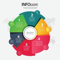 Colorful infographic showcasing a circular process with six distinct steps set against a world map background vector