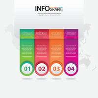 Colorful infographic design with numbered sections and world map background. Can be used for workflow layout, diagram, business step options, banner, web design vector