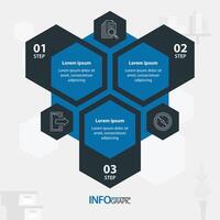 Infographic design illustrating a three-step process in a modern office setting with hexagonal elements vector