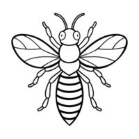 Black-and-white line art of a bee with striped abdomen, detailed wings, and simple lines. Suitable for coloring books, educational materials, or designs. vector