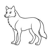 Black and white line art of a standing wolf with a calm expression, Simple, clean design. vector