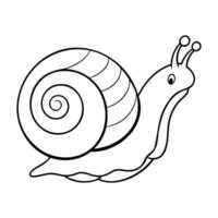 Simple black and white line art of a cartoon snail with a spiral shell and smiling face vector