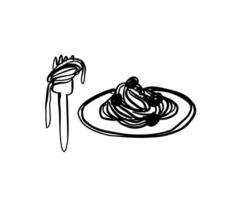 Spaghetti in a plate and on a fork in doodle style. illustration for design. vector