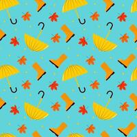 Autumn pattern with umbrella, rubber boots and maple leaf on a blue background.Seamless texture. vector