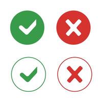 Set of flat and thin linear buttons checkmark and close. Green checkmark and red cross on isolated background. vector