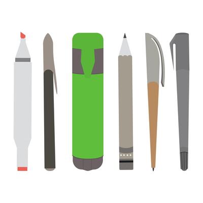 Stationery.Set of writing instruments in flat style.Pens and markers on isolated background.School supplies.Office supplies.
