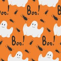 Seamless pattern for Halloween.Cute ghosts with text Boo and spiders on an orange background. vector