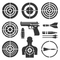 A set of black and white icons depicting a rifle, target, and other items vector