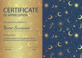 Modern elegant colorful certificate golden template. Certificate template with aesthetic mystic pattern vector