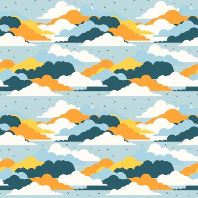 Birds among clouds seamless pattern. Starling among clouds. Swallow flock flies in the sky