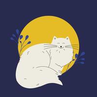 White cat and sun aesthetic illustration. Domestic kitty 2d illustration. Cartoon character vector