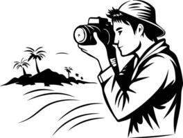 Man with camera doing outdoor photography, hand drawn illustration vector