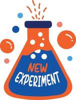 A flat sticker of a flask with new experiment typography vector