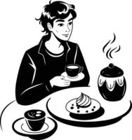 Glyph illustration depicts a man enjoying a cup of tea with a plate of dessert vector