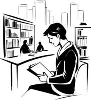 Man reading in library, hand drawn illustration vector