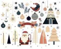 retro flat set of christmas decor elements in minimalistic style. simple vintage group with xmas details vector