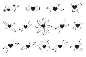 Y2K heart icons. Star shapes. Symbols of love. Outline cosmic design elements on white background. Cute retro romantic set of magic sparkles. Abstract celestial 90s decoration vector