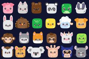 Cute animal square faces. Cartoon characters heads for game design. Kawaii pets icon set. Avatar of pig monkey panda and dog. Flat illustrations on dark background vector
