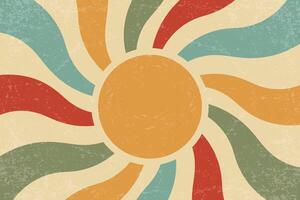 Retro sun background. Summer poster. Abstract vintage radial rays. 70s groovy design with grunge texture. Old style color wallpaper. Festive modern banner vector