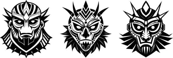 Black and white illustration set featuring three tribal-style masks with intricate vector