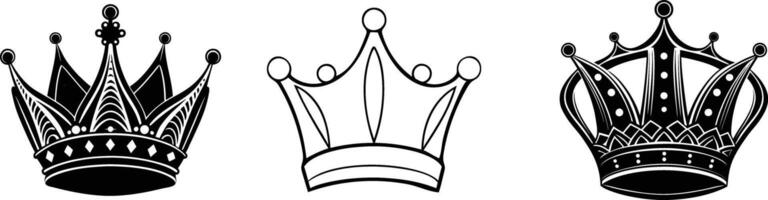 Set of simple silhouette icons featuring various queen crown designs vector