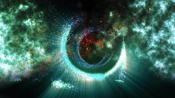 a bright, sparkling disk resembling a time portal video