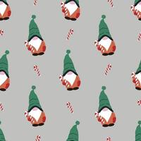 Seamless pattern with Christmas dwarf. Dwarf holding candy cane. Merry christmas and happy New year. Season greeting. Hand drawn illustration vector