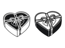 Heart Shaped Box with Ribbon, Holiday love gift box Silhouette Set, Stylish and Editable Icons on white background. vector