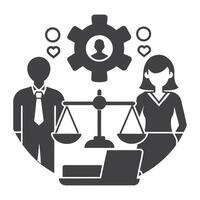 A black and white illustration of a woman and man with a laptop and scales vector