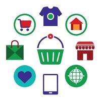 A set of icons that include a shopping basket, a phone, a heart, a house, vector