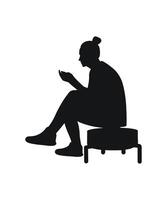 Girl sits with a phone on a banquette, silhouette of a female figure vector