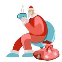 Santa is drinking hot cocoa in flat technique vector