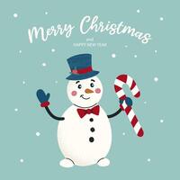 Celebration card with hand drawn snowman dressed hat, bow tie, candy and text Merry Christmas on green background. Noise texture effect. For poster, cover, label vector