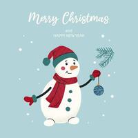 Festive square card with hand drawn snowman hold christmas tree toy, snowflakes and typography on blue background. Grunge texture effect. Holiday design for poster, cover, label vector