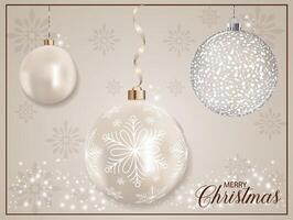 Pearly 3D realistic metallic Xmas bauble ball with white snowflake decoration. vector