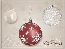 Red 3D realistic metallic Xmas ball with white snowflake decoration. vector