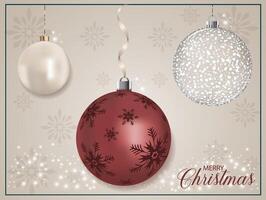 Hanging red 3D metallic Xmas ball with dark red snowflake decoration. vector