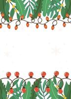 Christmas Lights and Greenery Poster template Frame with Snowflakes vector
