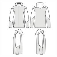 jacket with hooded pockets and wide cuffs. Sewing and trim details. Editable mockup vector